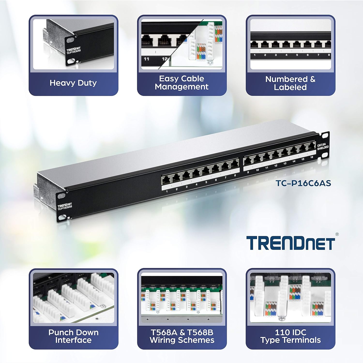 TRENDnet, 16-Port Cat6A Shielded Patch Panel, Black, Copper, Rack Mount, Compatible with Switches, 1U, 1000BASE-T / 10GBASE-T Support, ANSI/EIA/TIA 568-B.2-1, ISO/IEC 11801, -25°C – 50°C