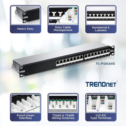 TRENDnet, 16-Port Cat6A Shielded Patch Panel, Black, Copper, Rack Mount, Compatible with Switches, 1U, 1000BASE-T / 10GBASE-T Support, ANSI/EIA/TIA 568-B.2-1, ISO/IEC 11801, -25°C – 50°C