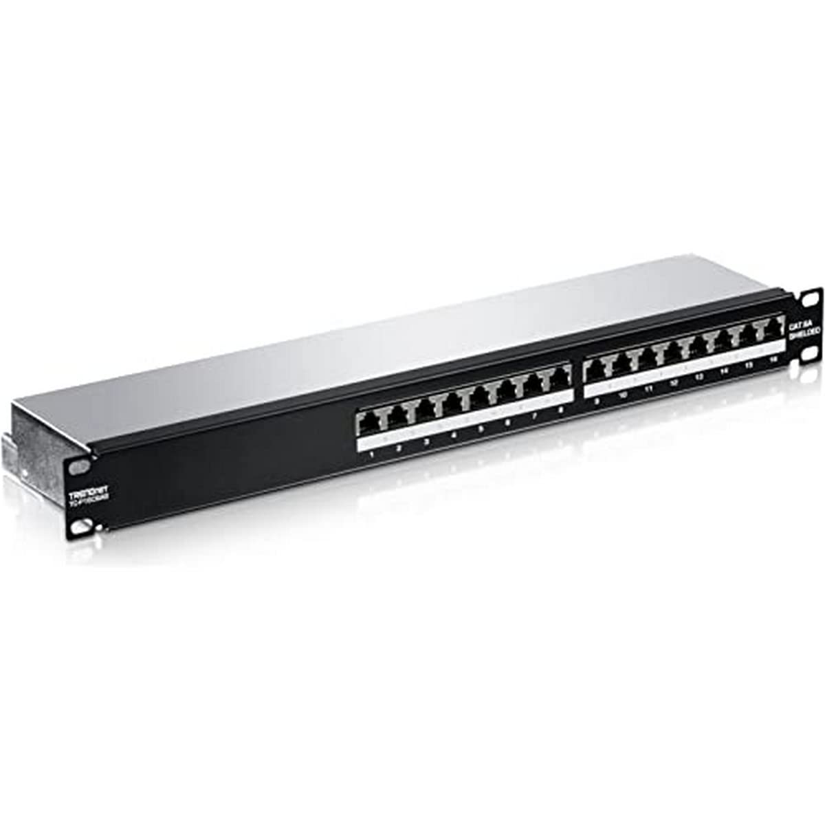 TRENDnet, 16-Port Cat6A Shielded Patch Panel, Black, Copper, Rack Mount, Compatible with Switches, 1U, 1000BASE-T / 10GBASE-T Support, ANSI/EIA/TIA 568-B.2-1, ISO/IEC 11801, -25°C – 50°C
