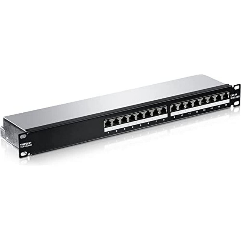 TRENDnet, 16-Port Cat6A Shielded Patch Panel, Black, Copper, Rack Mount, Compatible with Switches, 1U, 1000BASE-T / 10GBASE-T Support, ANSI/EIA/TIA 568-B.2-1, ISO/IEC 11801, -25°C – 50°C