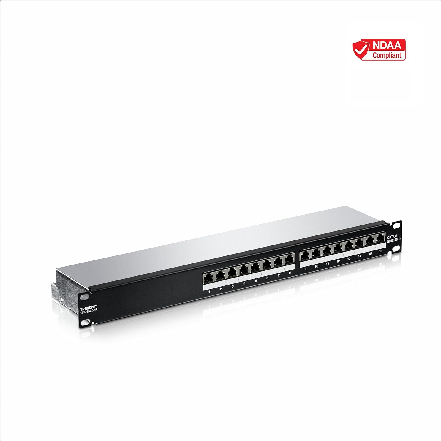 TRENDnet, 16-Port Cat6A Shielded Patch Panel, Black, Copper, Rack Mount, Compatible with Switches, 1U, 1000BASE-T / 10GBASE-T Support, ANSI/EIA/TIA 568-B.2-1, ISO/IEC 11801, -25°C – 50°C
