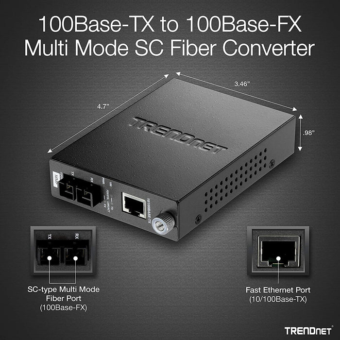 TRENDnet 100Base-TX to 100Base-FX Multi Mode SC Fibre Media Converter (2 km, 1.2 miles), Fibre to Ethernet Converter, RJ-45 Port, Fibre Port, Wall Mountable, TFC-110MSC