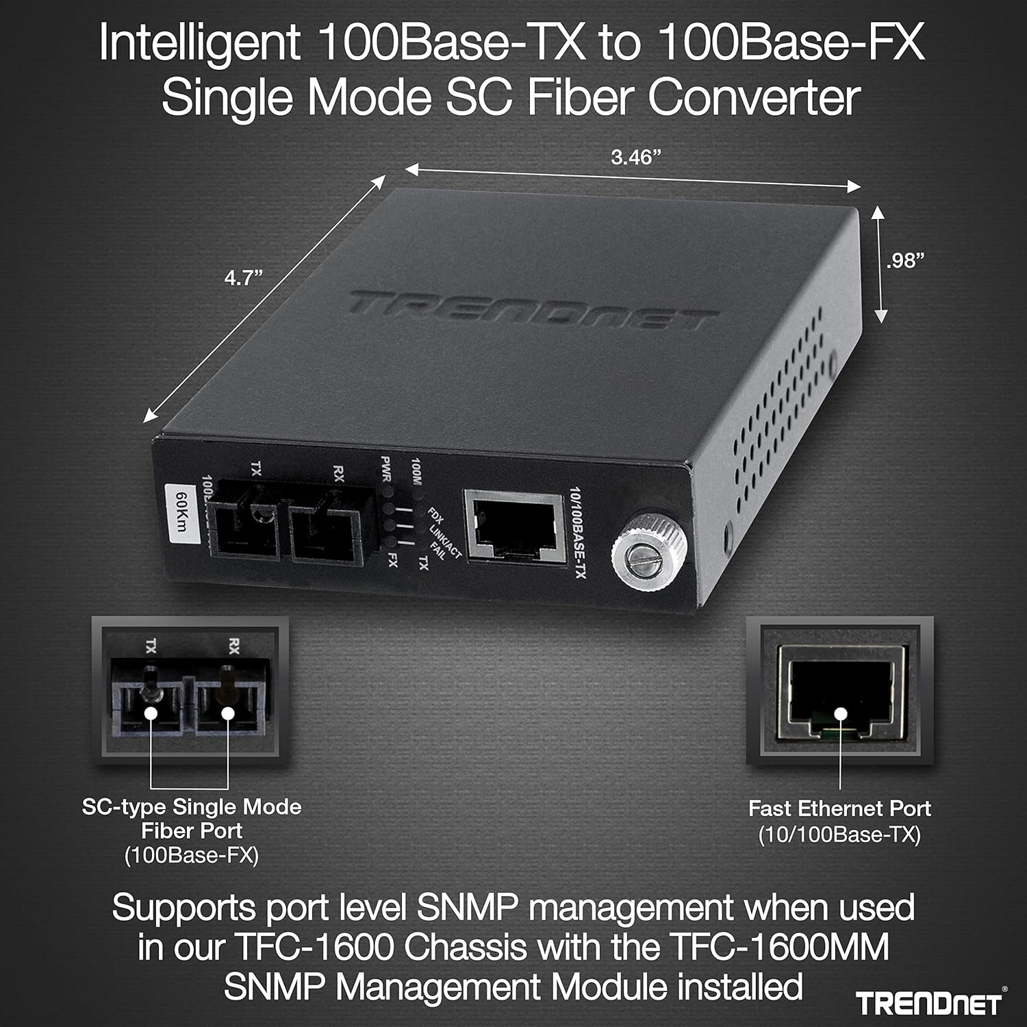 TRENDnet TFC-110S60i Intelligent 10/100Base-TX to 100Base-FX Single Mode SC Fiber Converter (60KM) 60 KM Intelligent
