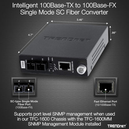 TRENDnet TFC-110S60i Intelligent 10/100Base-TX to 100Base-FX Single Mode SC Fiber Converter (60KM) 60 KM Intelligent
