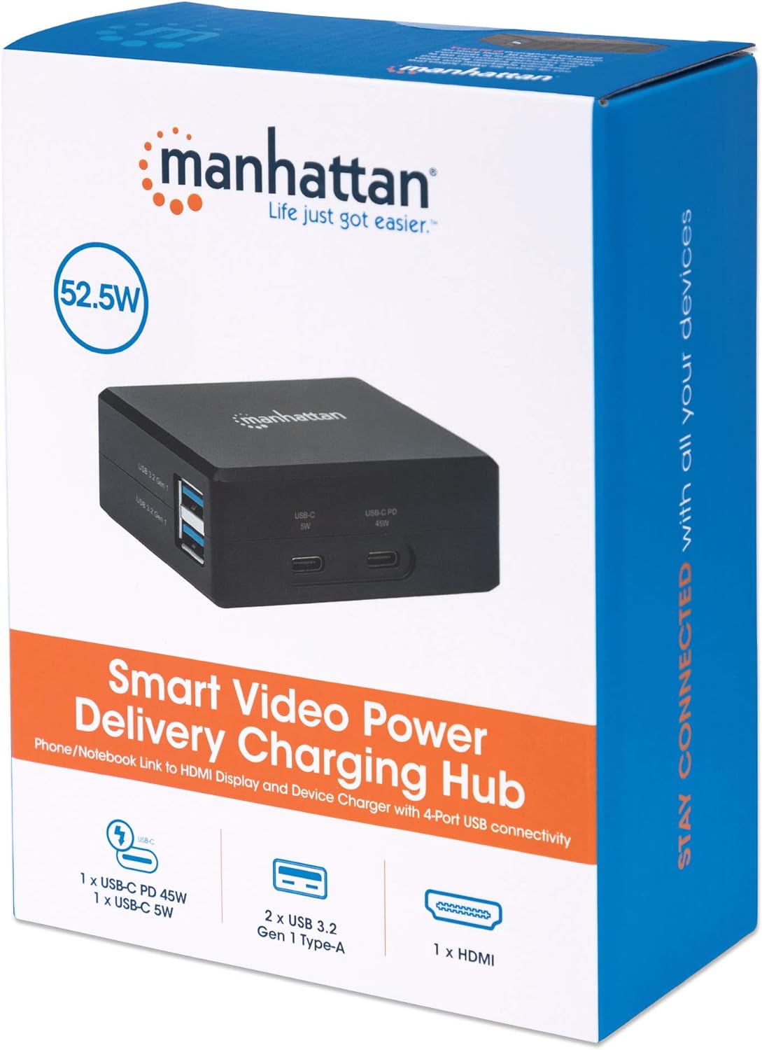 Manhattan-Products Smart Lade-Hub - Multiport mit 1 x USB-C Power Delivery, 1 x USB-C, 2 x USB 3.0, 1 x HDMI Ports, Plug&Play, Zubehör - Schwarz