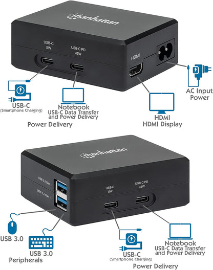 Manhattan-Products Smart Lade-Hub - Multiport mit 1 x USB-C Power Delivery, 1 x USB-C, 2 x USB 3.0, 1 x HDMI Ports, Plug&Play, Zubehör - Schwarz