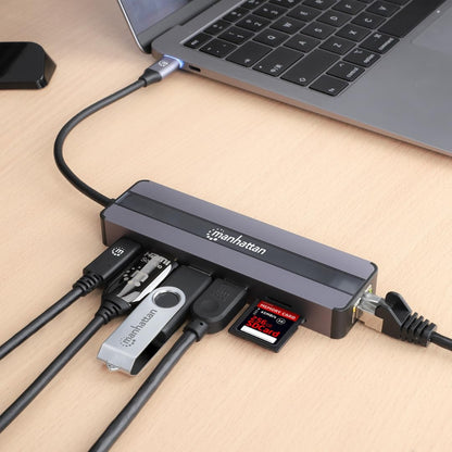 MANHATTAN 7-in-1 Docking Station USB C Male to HDMI Female 4K30Hz 2X USB-A 5Gbps Gigabit RJ45 USB-C PD 87W Card Reader