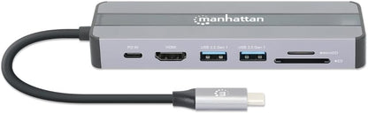 MANHATTAN 7-in-1 Docking Station USB C Male to HDMI Female 4K30Hz 2X USB-A 5Gbps Gigabit RJ45 USB-C PD 87W Card Reader