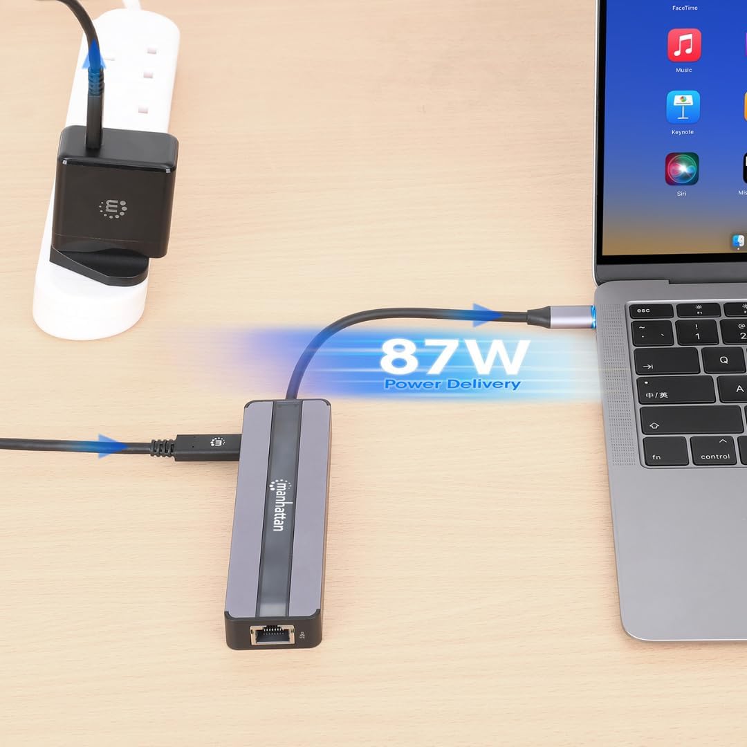 MANHATTAN 7-in-1 Docking Station USB C Male to HDMI Female 4K30Hz 2X USB-A 5Gbps Gigabit RJ45 USB-C PD 87W Card Reader