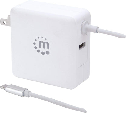 Manhattan 180245 Power Delivery USB-Netzteil mit integriertem USB-C-Kabel 60 W USB-C Power Delivery-Port (PD 3.0) mit bis zu 60 W USB-A Ladeport bis zu 2,4 A weiß 60 Watt Weiß mit integriertem USB C Kabel