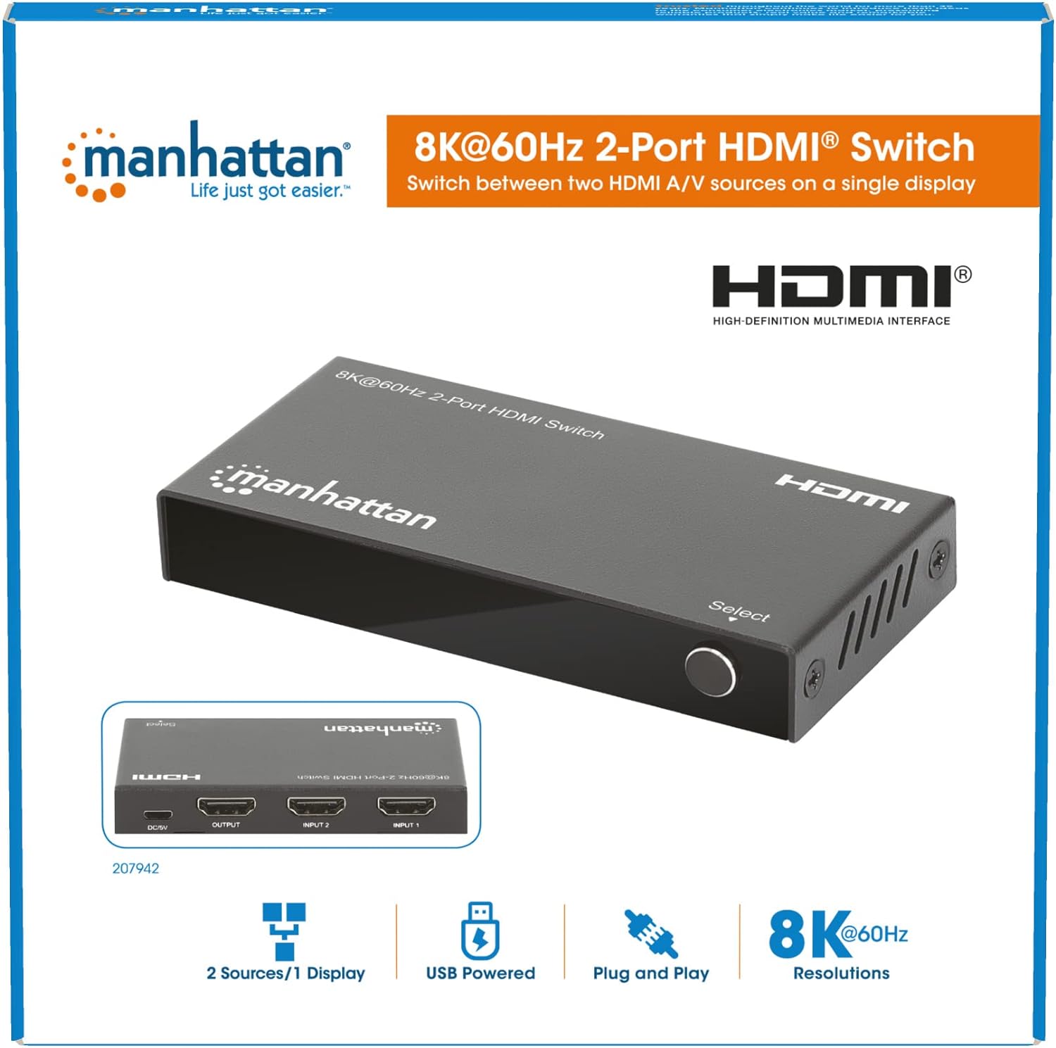 MANHATTAN 8K@60Hz 2-Port HDMI-Switch 48G IR-Fernbe