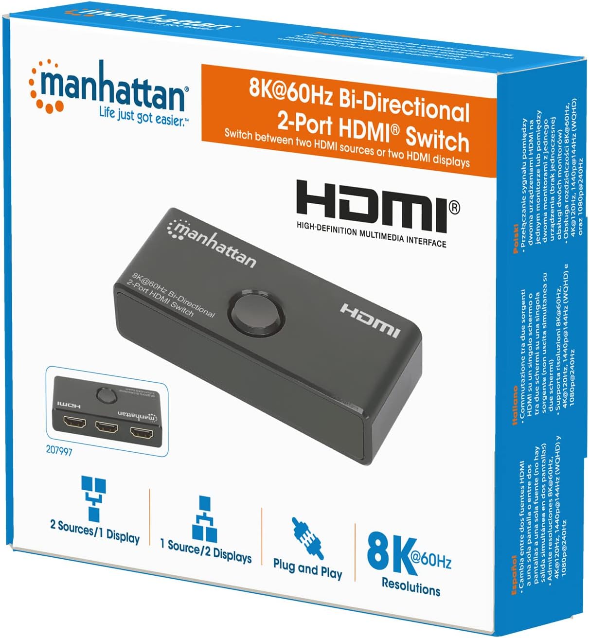 Manhattan 8K@60Hz Bi-directional 2-Port HDMI Switch 48G
