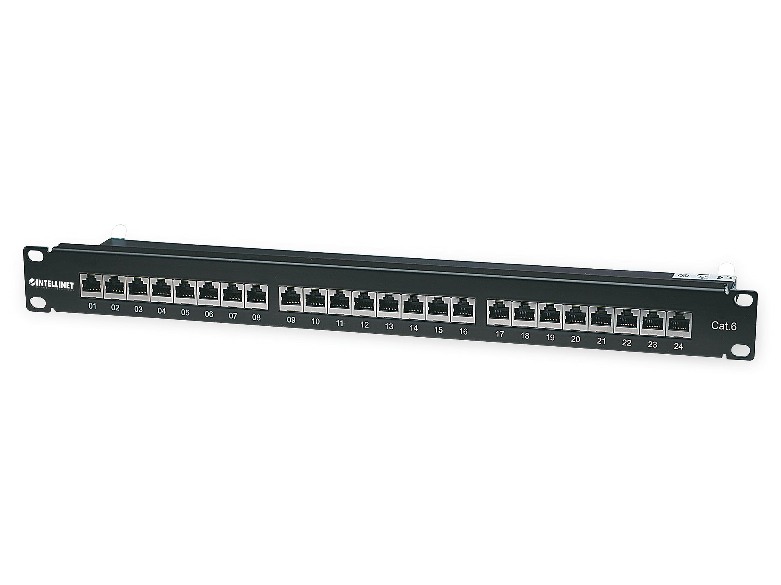 Intellinet Patch Panel, Cat6, FTP, 24-Port, 1U, Shielded, 90° Top-Entry Punch-Down Blocks, Black