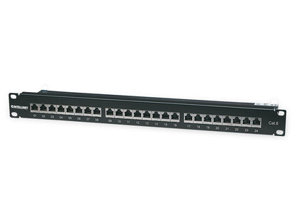 Intellinet Patch Panel, Cat6, FTP, 24-Port, 1U, Shielded, 90° Top-Entry Punch-Down Blocks, Black