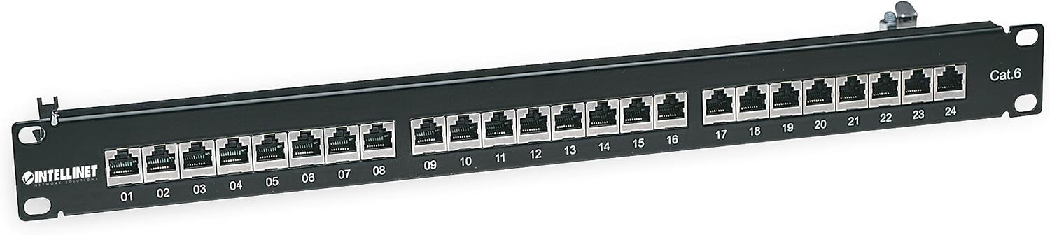 Intellinet Patch Panel, Cat6, FTP, 24-Port, 1U, Shielded, 90° Top-Entry Punch-Down Blocks, Black