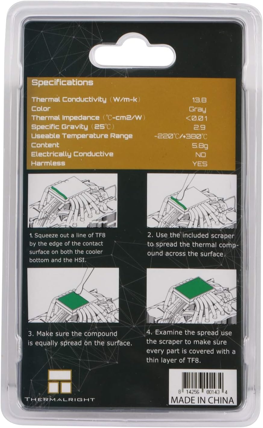 Thermalright TF8 Wärmeleitpaste 5,8g für alle Kühler, 13,8W/M-k mit Spachtel, Overclocking
