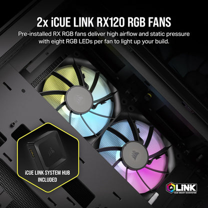 CORSAIR iCUE LINK 2500X RGB Small-Tower mATX Dual Chamber PC Case – Panoramic Tempered Glass – Reverse Connection Motherboard Compatible – 2x CORSAIR RX120 RGB Fans Included – Black iCUE LINK 2500X RGB Black