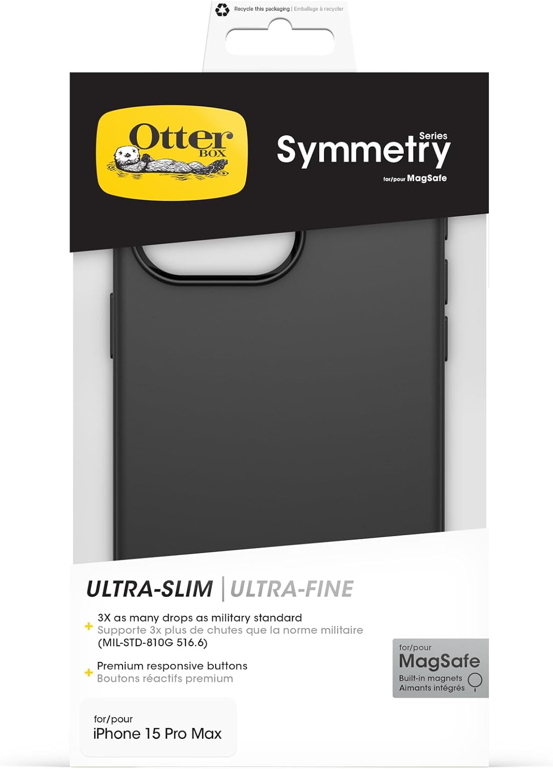 OtterBox Symmetry for MagSafe Case for iPhone 15 Pro Max, Shockproof, Drop proof, Protective Thin Case, 3x Tested to Military Standard, Black iPhone 15 Pro Max Black