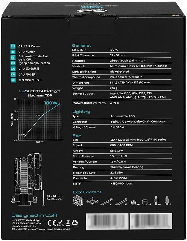 Iceberg Thermal IceSLEET G4 Midnight All-Black 4 vernickelte Heatpipes CPU Luftkühler mit ARGB 120 mm PWM Lüfter für Intel und AMD All Black(Limited Edition)