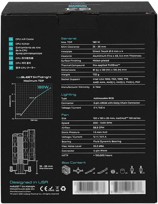 Iceberg Thermal IceSLEET G4 Midnight All-Black 4 vernickelte Heatpipes CPU Luftkühler mit ARGB 120 mm PWM Lüfter für Intel und AMD All Black(Limited Edition)