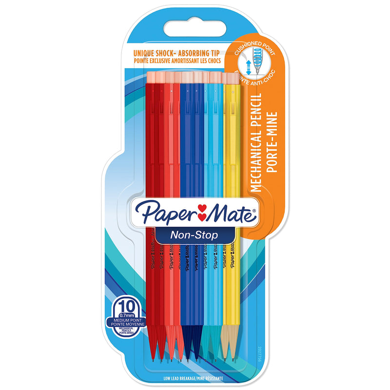 Paper Mate Non-Stop Mechanical Pencil | 0.7mm with Shock-Absorbing Tip | HB #2 | Assorted Barrel Colours | 10 Count Assorted Neon Barrel Colours 1 count (Pack of 10)