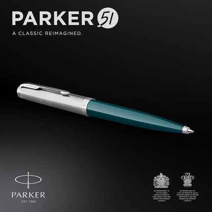 Parker 51 Ballpoint Pen | Teal Blue Barrel with Chrome Trim | Medium Point with Black Ink Refill | Gift Box