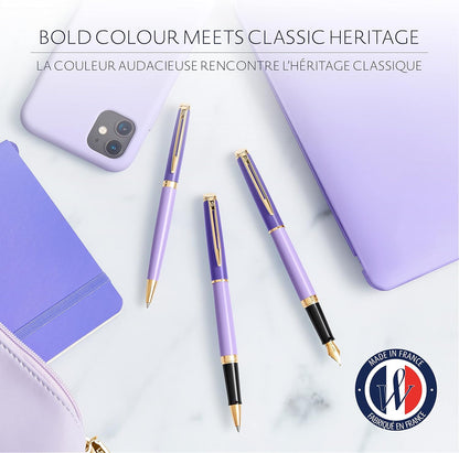 Waterman Hémisphère Fountain Pen | Metal & Purple Lacquer with Gold Coated Trim | Gold Coated Medium Nib | Gift Box Foutain pen Medium Nib Purple