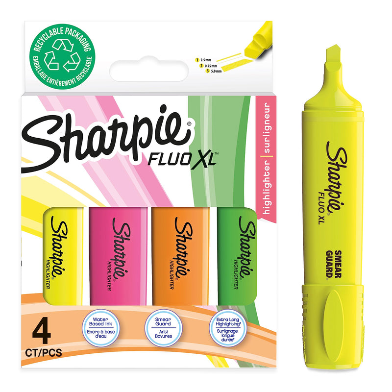 Sharpie Fluo XL subrayadores fluorescentes | punta biselada | Resaltadores fluorescentes de colores amarillo, rosa, naranja y verde | paquete de 4 rotuladores