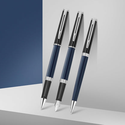 Waterman Hémisphère Fountain Pen | Black & Blue Lacquer with Palladium Coated Trim | Stainless steel Fine Nib | Blue Ink | Gift Box Black & Blue Lacquer Foutain pen Fine Nib