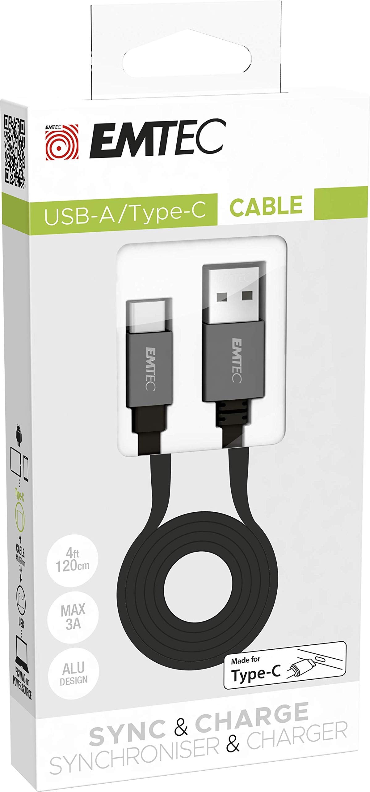 Emtec Cable T700 Dual USB-A/Type-c für Smartphone und Tablet flachem Kabel von 120 cm USB-C