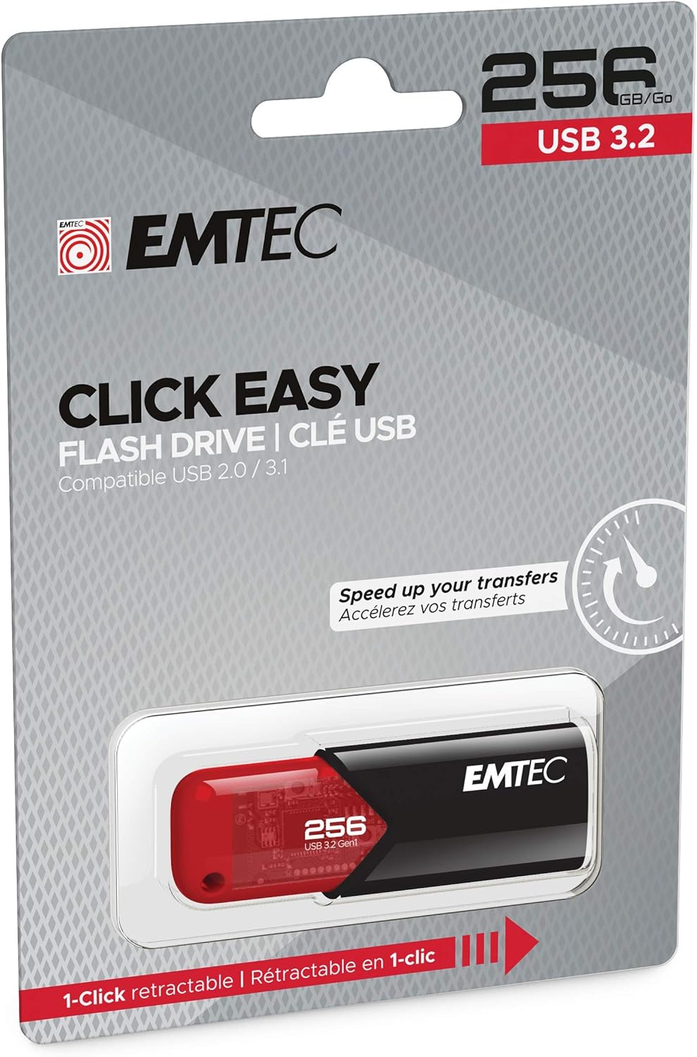 Emtec ECMMDD USB 3.0 (3.2) Click Easy B110 Flash Drive 256 GB External Storage 20 Mb/S Reading, 10 Mb/S Writing, Click Easy - 21 x 57 x 12 Mm, Red 256GB1. 13