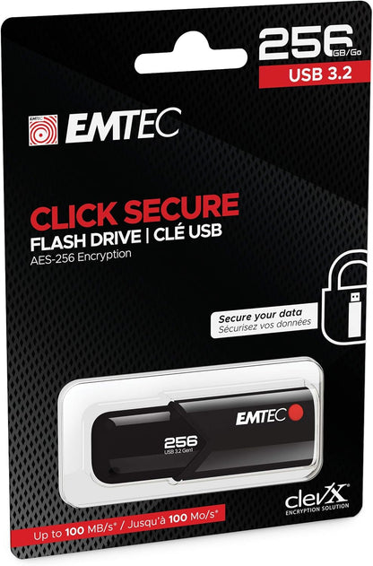 Emtec ECMMD220 Click Secure USB 3.0 Flash Drive 256 GB External Storage Read 100 Mb/S Write 20 Mb/S With AES260 Encryption Software Black 56GB12 3
