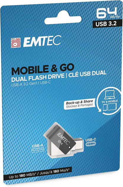 EMTEC Mobile&Go T260C 64GB Dual USB Stick - Swivel USB 3.2 Flash Drive - USB Stick Dual USB-A/USB-C - 360° Swivel Hook System - Read Speed 180MB/s Max - Write Speed 15MB/s Max - EMTEC T260C 64 GB