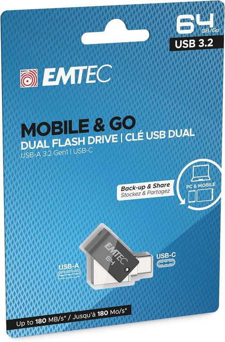 EMTEC Mobile&Go T260C 64GB Dual USB Stick - Swivel USB 3.2 Flash Drive - USB Stick Dual USB-A/USB-C - 360° Swivel Hook System - Read Speed 180MB/s Max - Write Speed 15MB/s Max - EMTEC T260C 64 GB