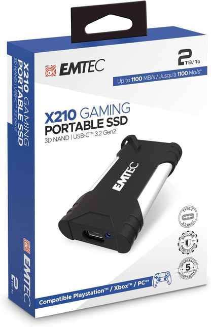 EMTEC - X210G Portable Gaming External Solid State Drive 2TB, 2TB - ECSSD2TX210G - USB-C 3.2 Gen2 - Up to 1100MB/s - 3D NAND Flash - Documents, Music, HD Video Storage 2 To