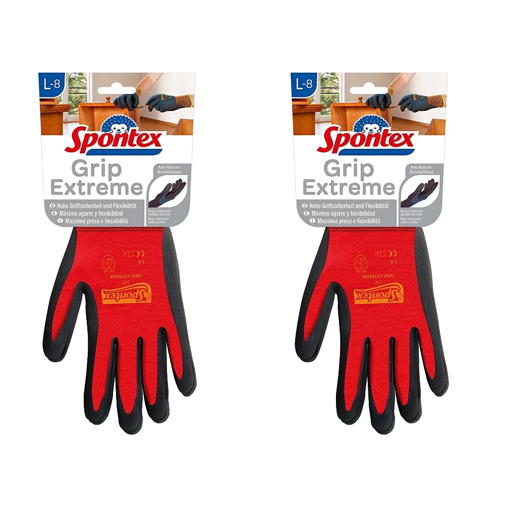 Spontex Grip Extreme Arbeitshandschuhe mit Nitrilbeschäumung, nach EN 388, leicht, flexibel, Farbe nicht frei wählbar, Größe L, 1 Paar (Packung mit 2) L (2er Pack)