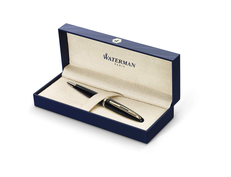 Waterman Carène Black Sea Ballpoint Pen | High-Gloss Black & 23k Gold Clip | Medium Point with Blue Ink Cartridge | Gift Box black gold trim