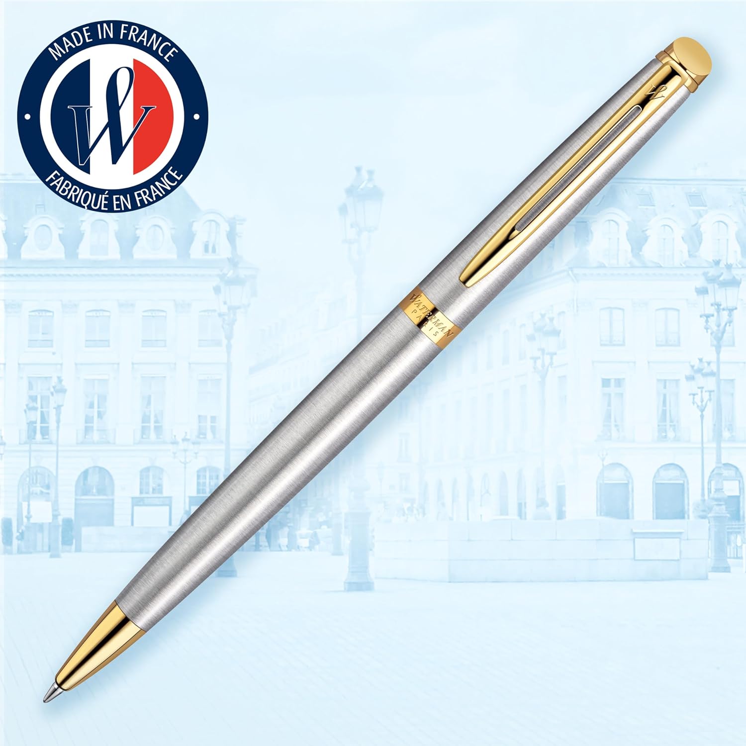 Waterman Hemisphere Ballpoint Pen | Stainless Steel with Gold Trim | Medium Point | Blue Ink Gift Box 1 count (Pack of 1) H?misph?re stainless steel with gold trim