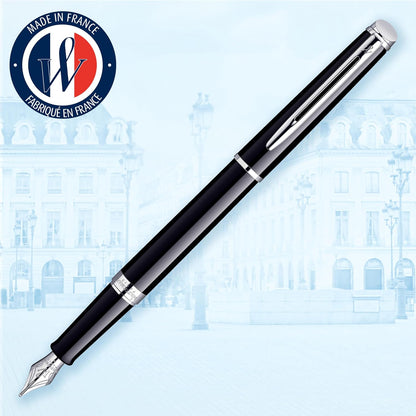 Waterman Hémisphère Fountain Pen | Gloss Black with Chrome Trim | Medium Nib | Blue Ink | Gift Box black with chrome trim medium nib