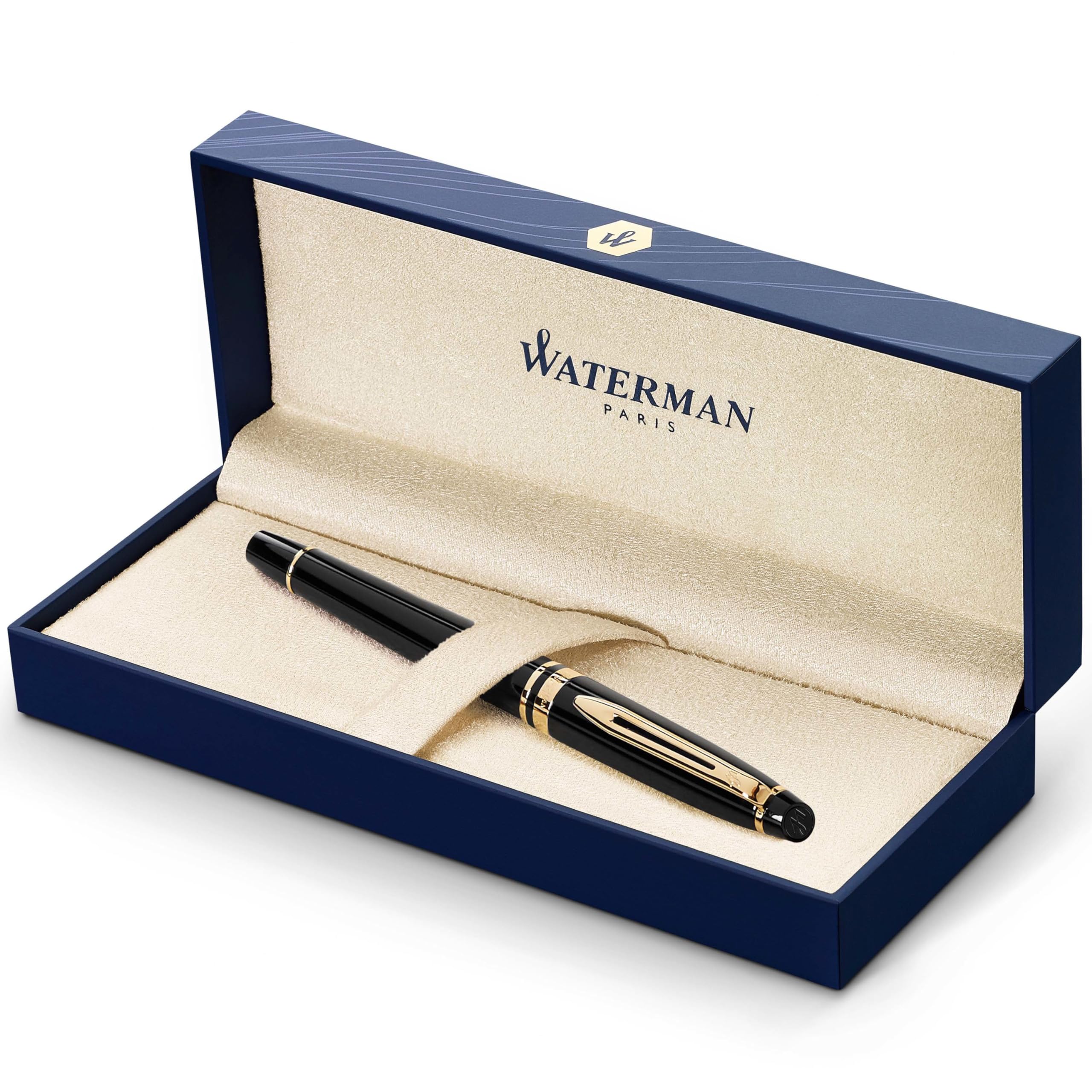 Waterman Expert Rollerball Pen | Gloss Black with 23 k Gold Trim | Fine Point | Black Ink | Gift Box Black | Gold Trim Rollerball