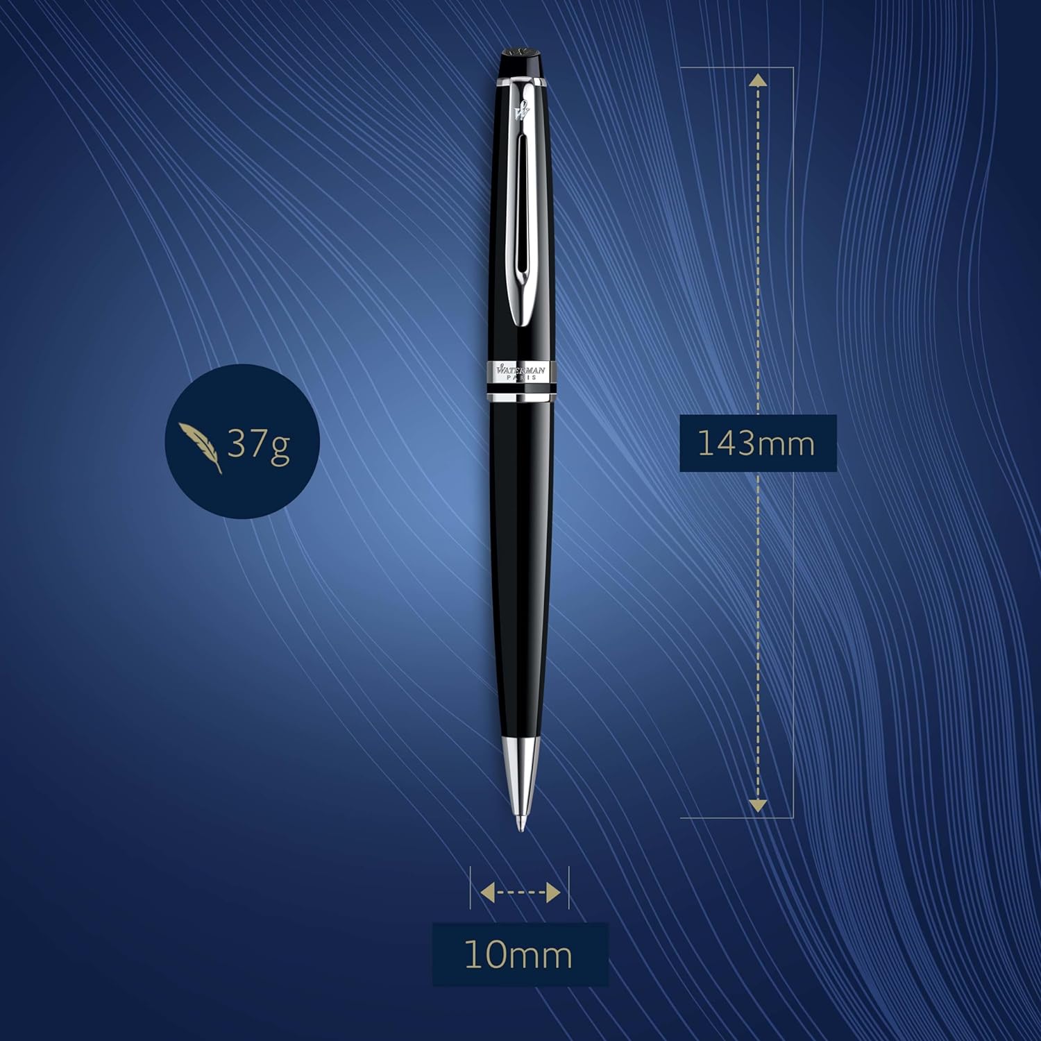 Waterman Expert Ballpoint Pen | Gloss Black with Chrome Trim | Medium Tip | Blue Ink | Gift Box Black | Chrome Trim Ballpoint
