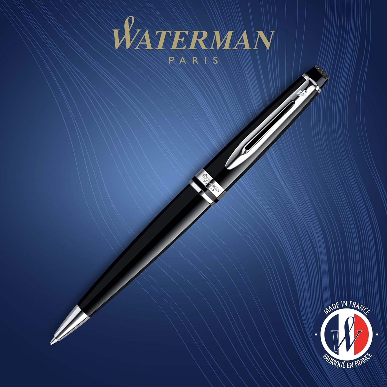 Waterman Expert Ballpoint Pen | Gloss Black with Chrome Trim | Medium Tip | Blue Ink | Gift Box Black | Chrome Trim Ballpoint