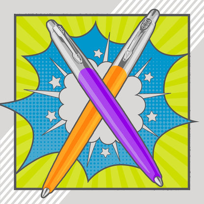 Parker Jotter Originals Ballpoint Pens | Pop Art Collection | Marigold and Frosty Purple with Chrome Trims | Medium Point | Blue Ink | 2 Count Marigold, Frosty Purple Set of 2