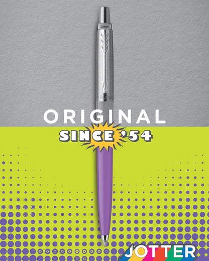 Parker Jotter Originals Ballpoint Pens | Pop Art Collection | Marigold and Frosty Purple with Chrome Trims | Medium Point | Blue Ink | 2 Count Marigold, Frosty Purple Set of 2