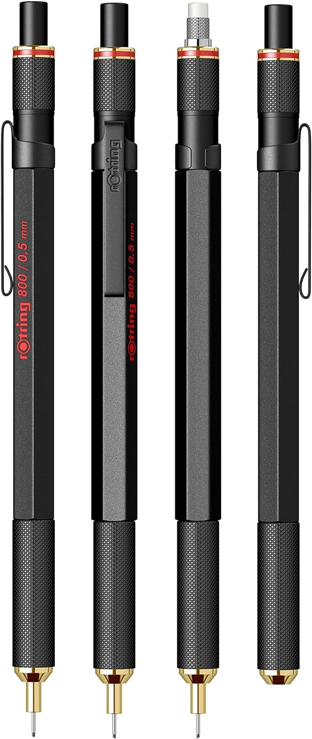 rOtring 800 Druckbleistift | 0,5 mm | Schwarz Vollmetall & 800 Kugelschreiber | mittlere Spitze | silberner Tinte | schwarzer Schaft