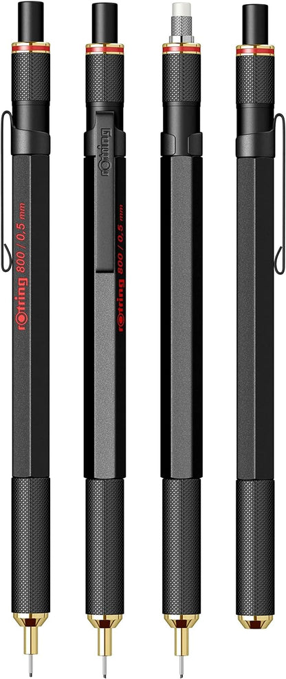 rOtring 800 Druckbleistift | 0,5 mm | Schwarz Vollmetall & 800 Kugelschreiber | mittlere Spitze | silberner Tinte | schwarzer Schaft