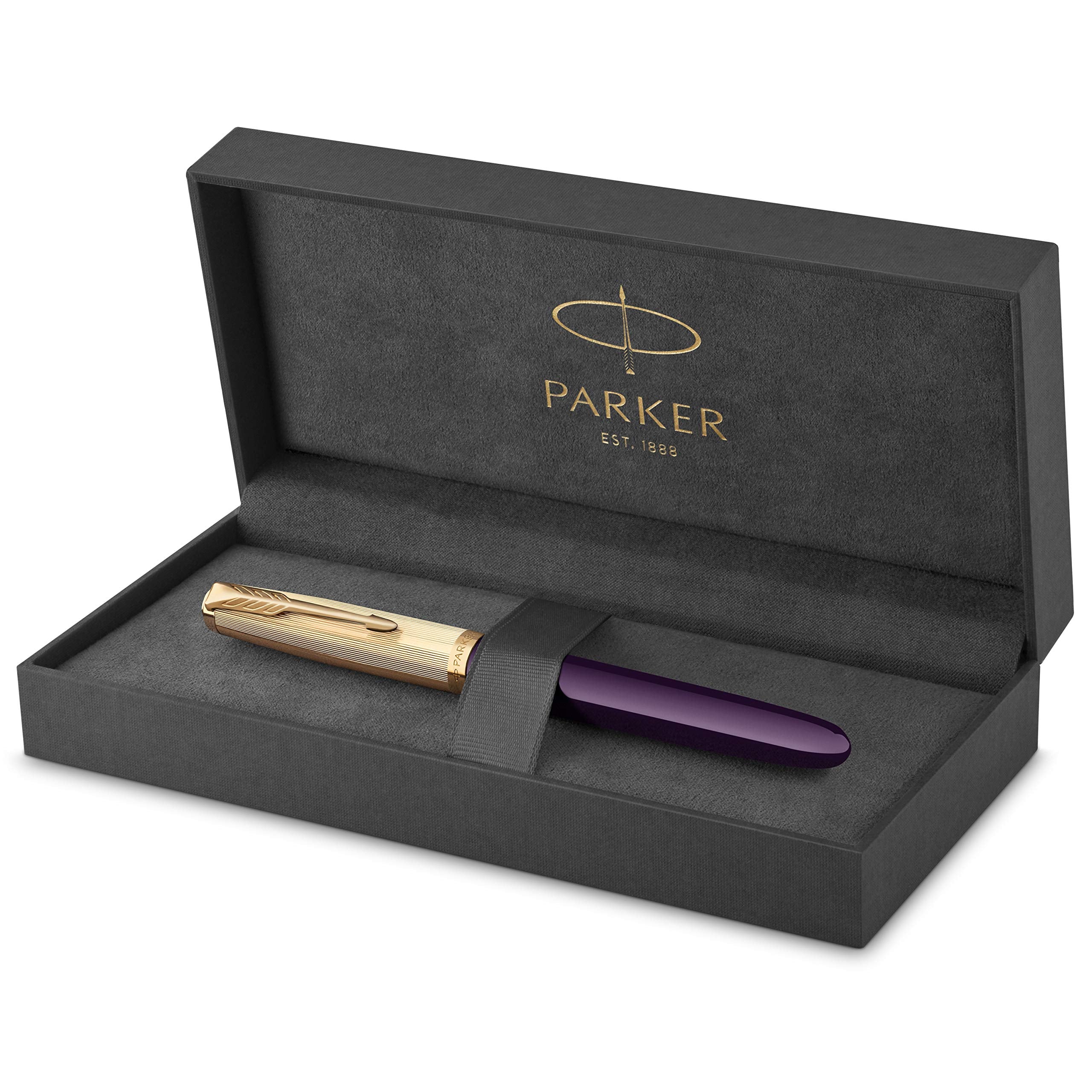 Parker 51 Fountain Pen | Deluxe Plum Barrel with Gold Trim | Medium 18k Gold Nib with Black Ink Cartridge | Gift Box 1 count (Pack of 1) Parker 51 Plum with Gold Trim