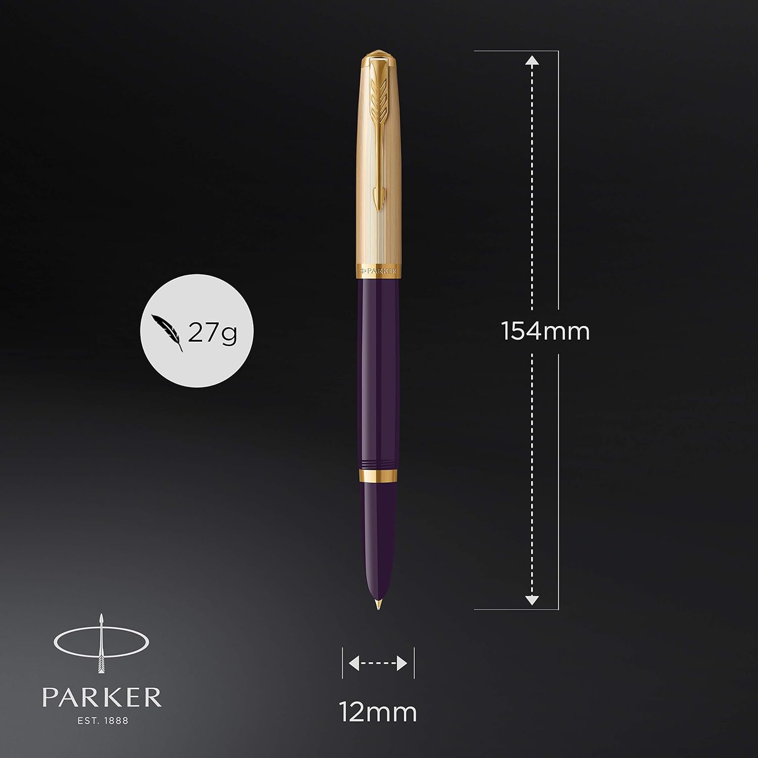 Parker 51 Fountain Pen | Deluxe Plum Barrel with Gold Trim | Medium 18k Gold Nib with Black Ink Cartridge | Gift Box 1 count (Pack of 1) Parker 51 Plum with Gold Trim