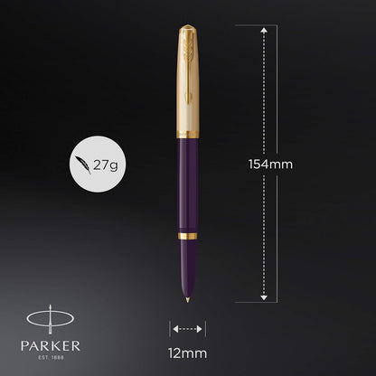 Parker 51 Fountain Pen | Deluxe Plum Barrel with Gold Trim | Medium 18k Gold Nib with Black Ink Cartridge | Gift Box 1 count (Pack of 1) Parker 51 Plum with Gold Trim