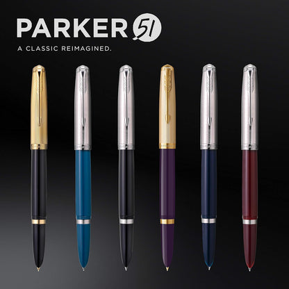 Parker 51 Fountain Pen | Deluxe Plum Barrel with Gold Trim | Medium 18k Gold Nib with Black Ink Cartridge | Gift Box 1 count (Pack of 1) Parker 51 Plum with Gold Trim